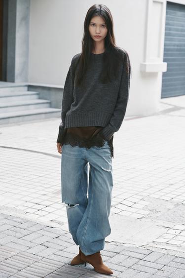 TRF RIPPED MID-WAIST BAGGY JEANS - Light blue by Zara