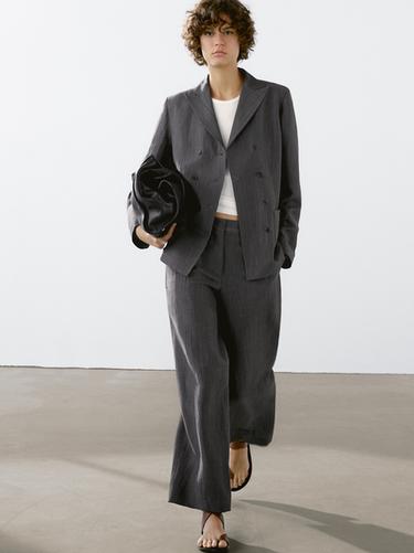 Americana traje fluida mezcla lino - Gris de Zara