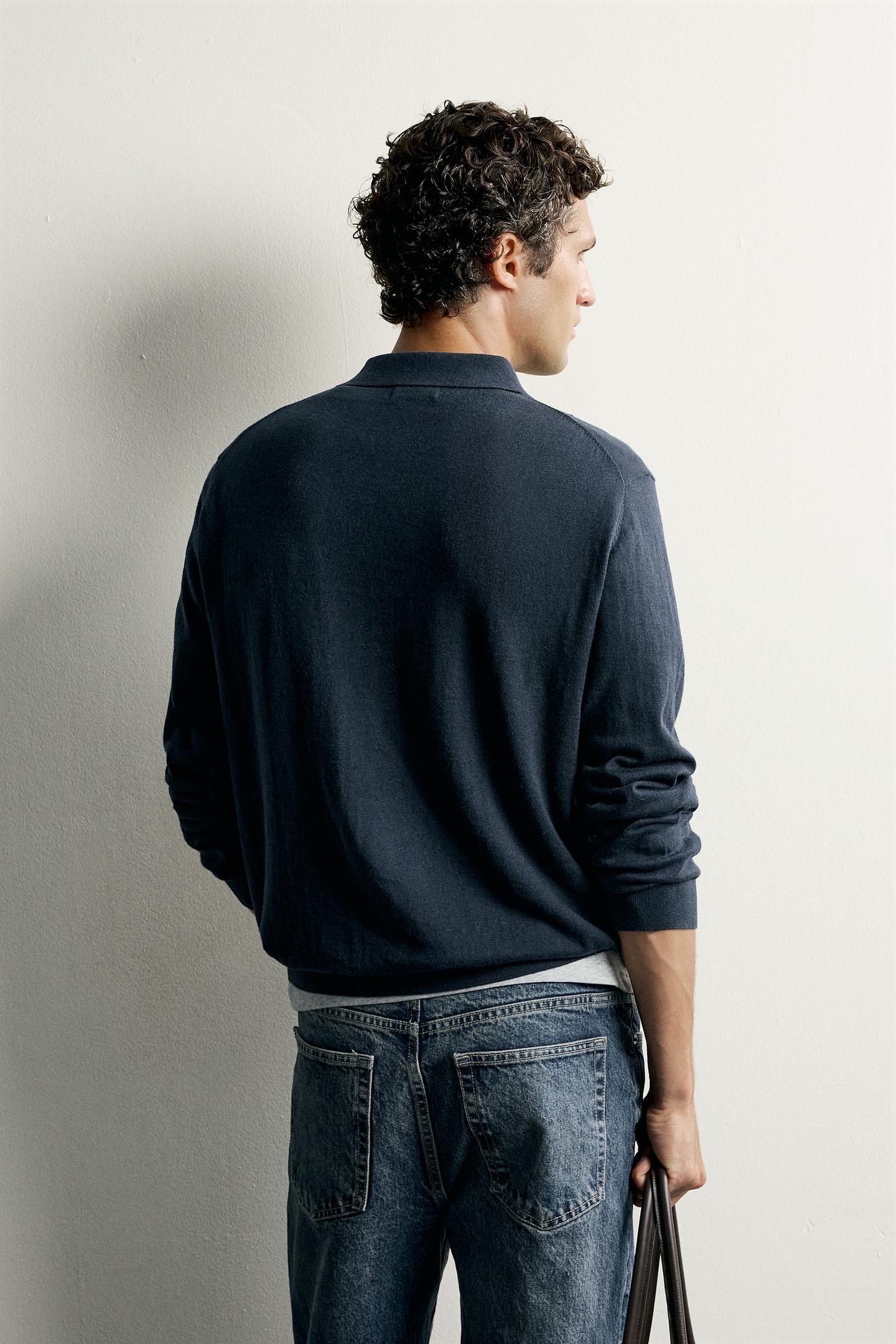 Мужское поло Zara Cotton-Cashmere Knit Polo Shirt, цвет: Синий — фото 3