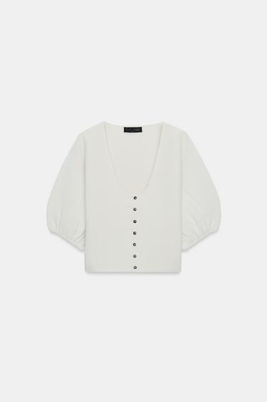 CARDIGAN WITH PUFF SLEEVES - Stone by Zara - Image 4