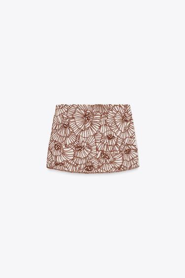 ZW COLLECTION FLORAL EMBROIDERY MINI SKIRT - Ecru / Brown by Zara - Image 7