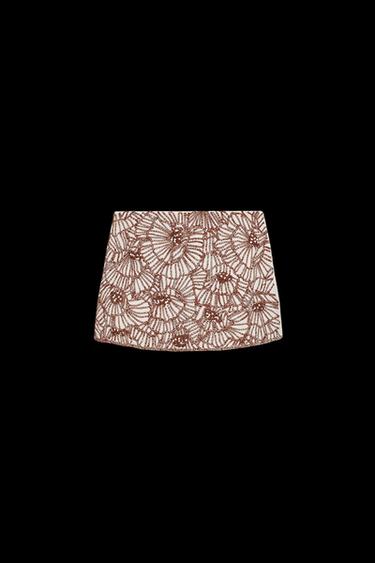 Zara ZW COLLECTION FLORAL EMBROIDERED MINI SKIRT - Ecru / Brown