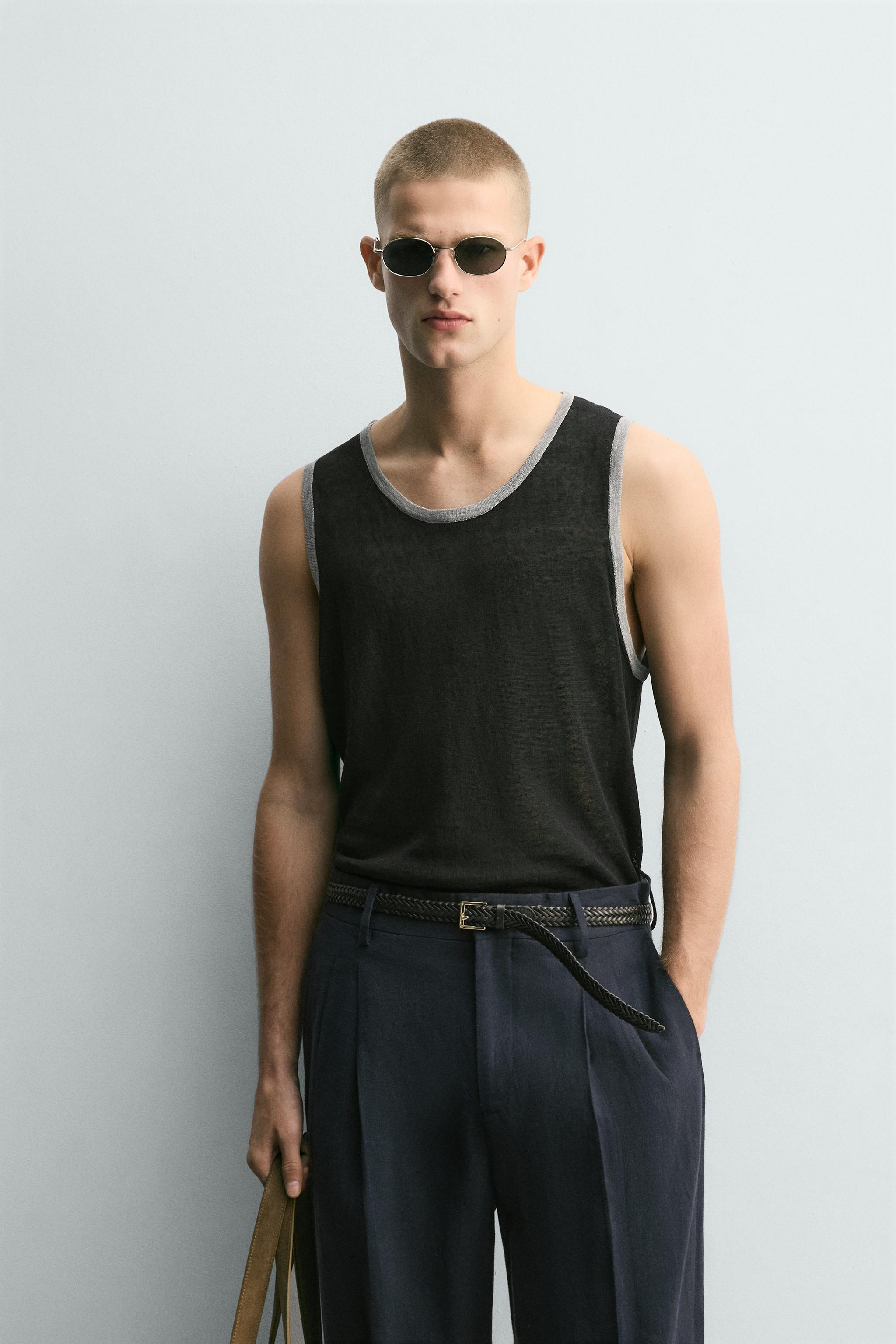 CONTRASTING LINEN BLEND KNIT TANK TOP