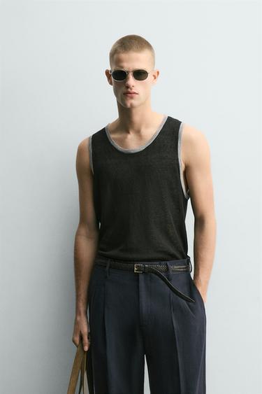 CONTRAST LINEN BLEND KNIT TANK TOP - Black by Zara
