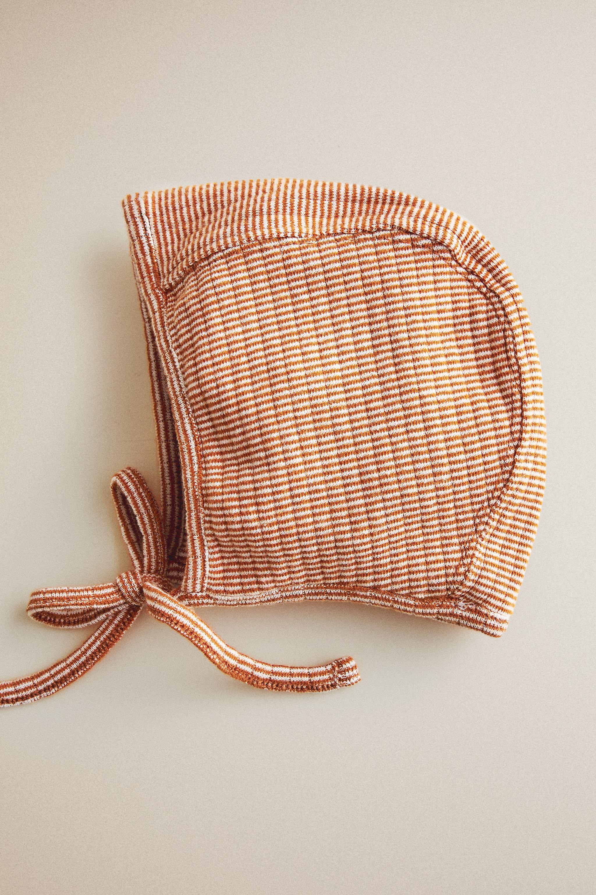 KIDS' STRIPED BONNET — Ecru / Red