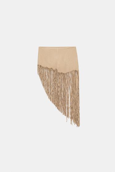 FAUX SUEDE FRINGED MINI SKIRT - camel by Zara