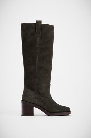 STIVALI CON TACCO IN PELLE SCAMOSCIATA - Grigio azzurrato di Zara