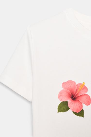 T-SHIRT MANCHES COURTES IMPRIMÉ FLEUR - Blanc de Zara - Image 4