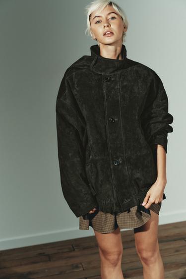 Zara JAKNA OD 100% PREVRNUTE KOŽE – tamnozelena