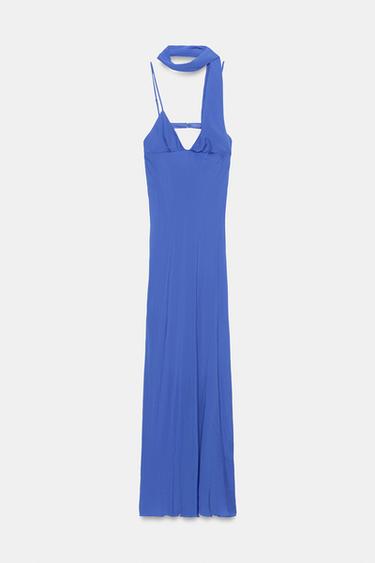 Zara LONG GEORGETTE SCARF STRAP DRESS - Blue
