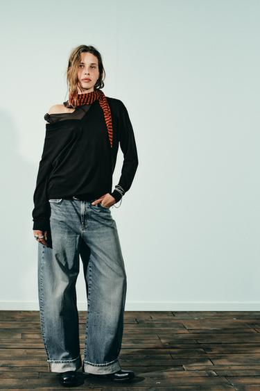 JEANS BAGGY FOLDED TRF بسرج متوسط - أزرق الخاص بـ Zara