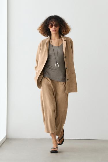 Zara 100% suede leather blazer with pocket details - Sand
