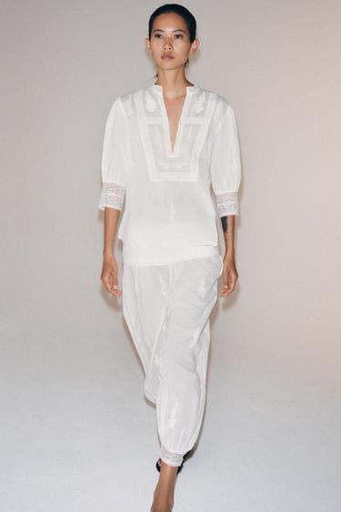 Zara ZW COLLECTION EMBROIDERED BLOOMER PANTS - Ecru - Image 0