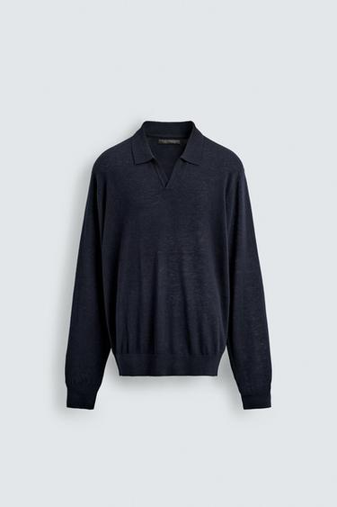 WOOL/SILK KNIT POLO SHIRT - Navy blue by Zara