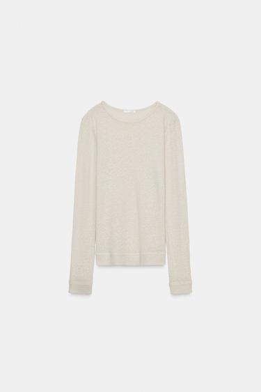 ФУТБОЛКА С ДЛИННЫМИ РУКАВАМИ И ЛЬНОМ — ЭКРЮ от Zara