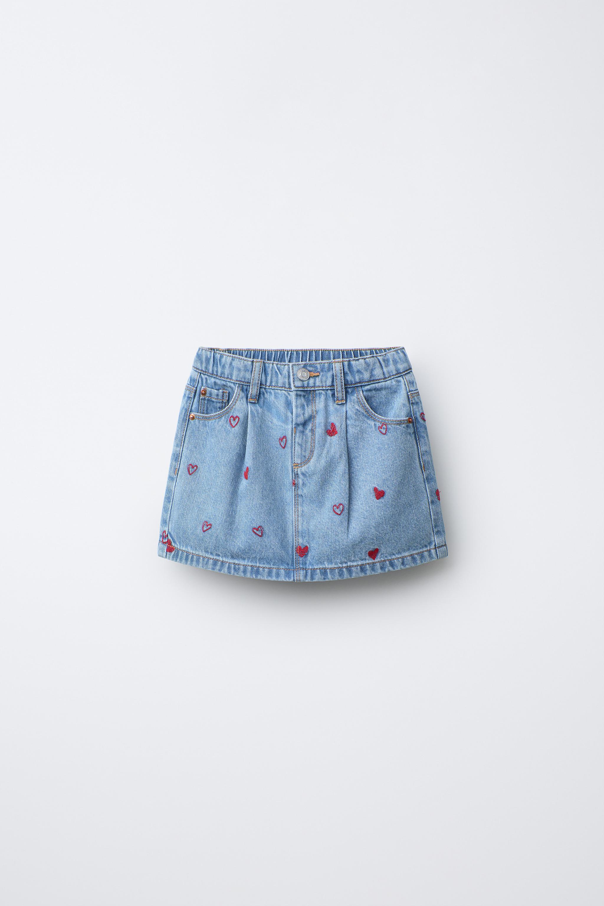 EMBROIDERED HEARTS DENIM SKIRT - Blue | ZARA United States