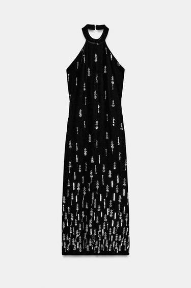 BEADED VELVET HALTER MIDI DRESS - Black by Zara