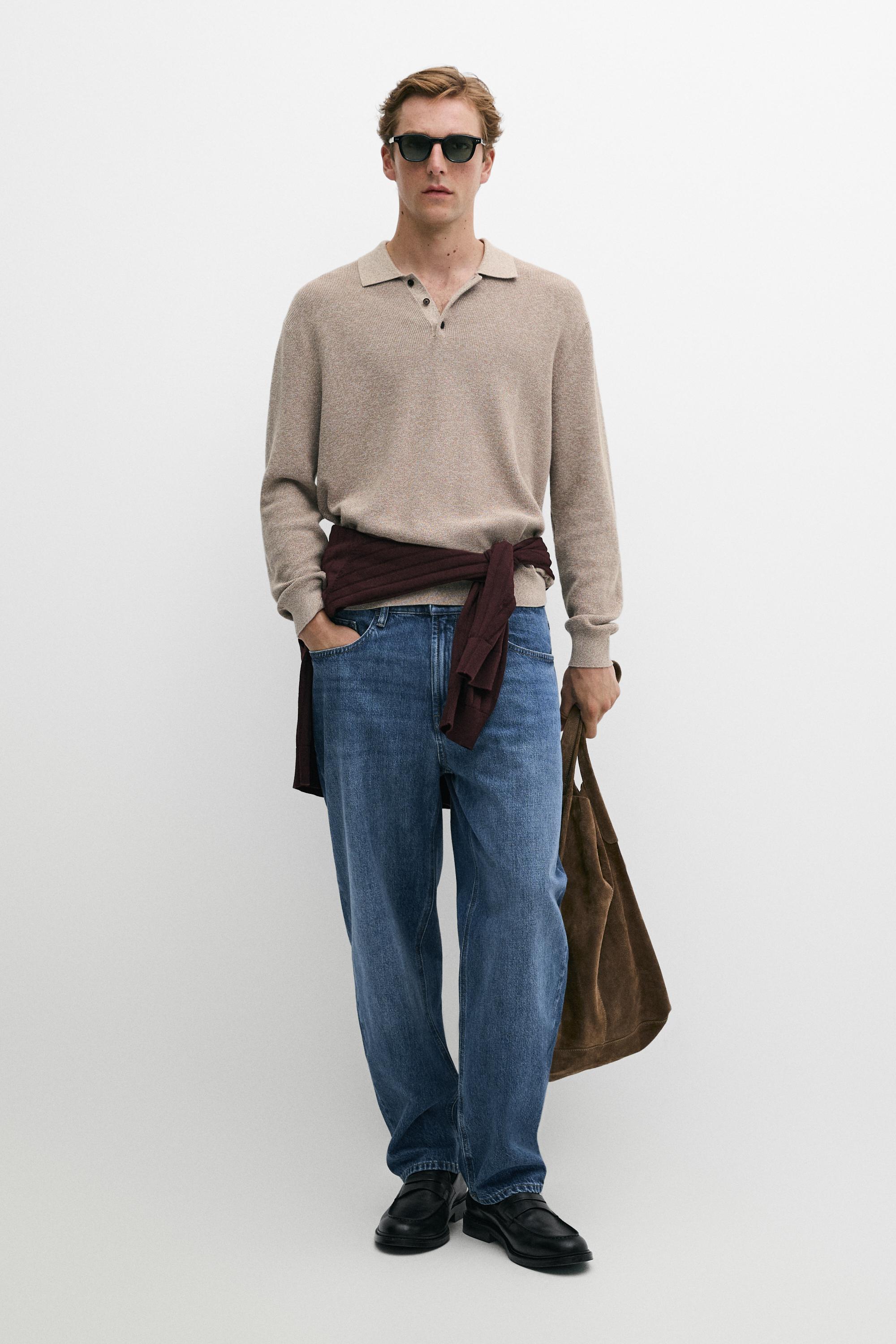 100% cotton mouliné polo sweater — Beige