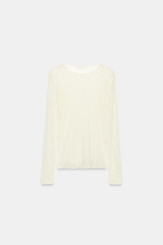 LACE LONG SLEEVE TOP - Ecru by Zara - Image 0