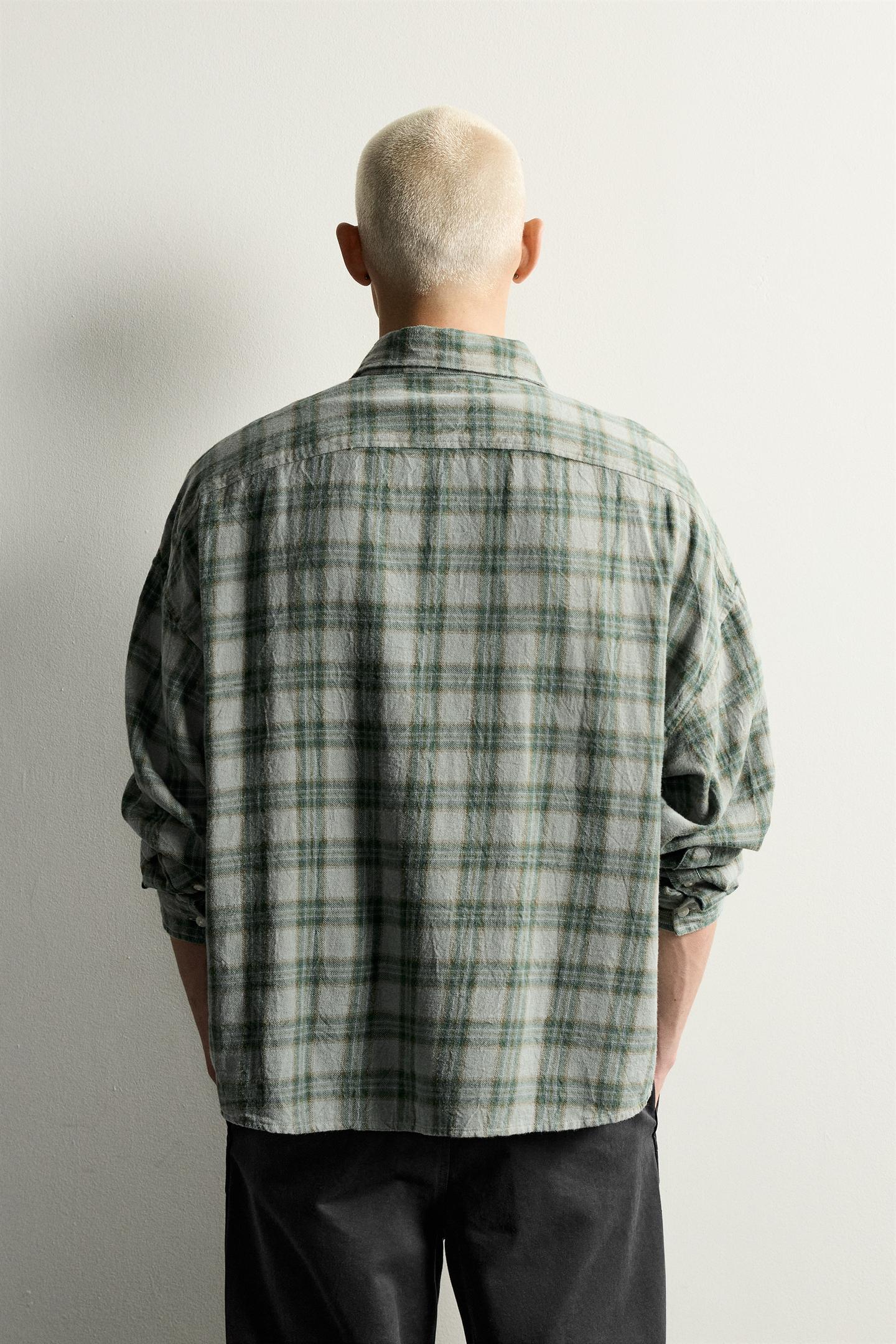 Мужская рубашка Zara Cropped Plaid, цвет: Зелёный — фото 3