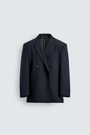 LIMITED EDITION WOOL BLEND DOUBLE-BREASTED SUIT BLAZER - Navy blue by Zara