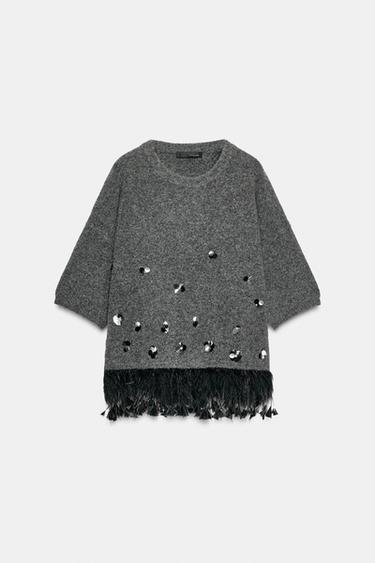 Zara WOOL SWEATER WITH SEQUINS AND FEATHERS - Gray
