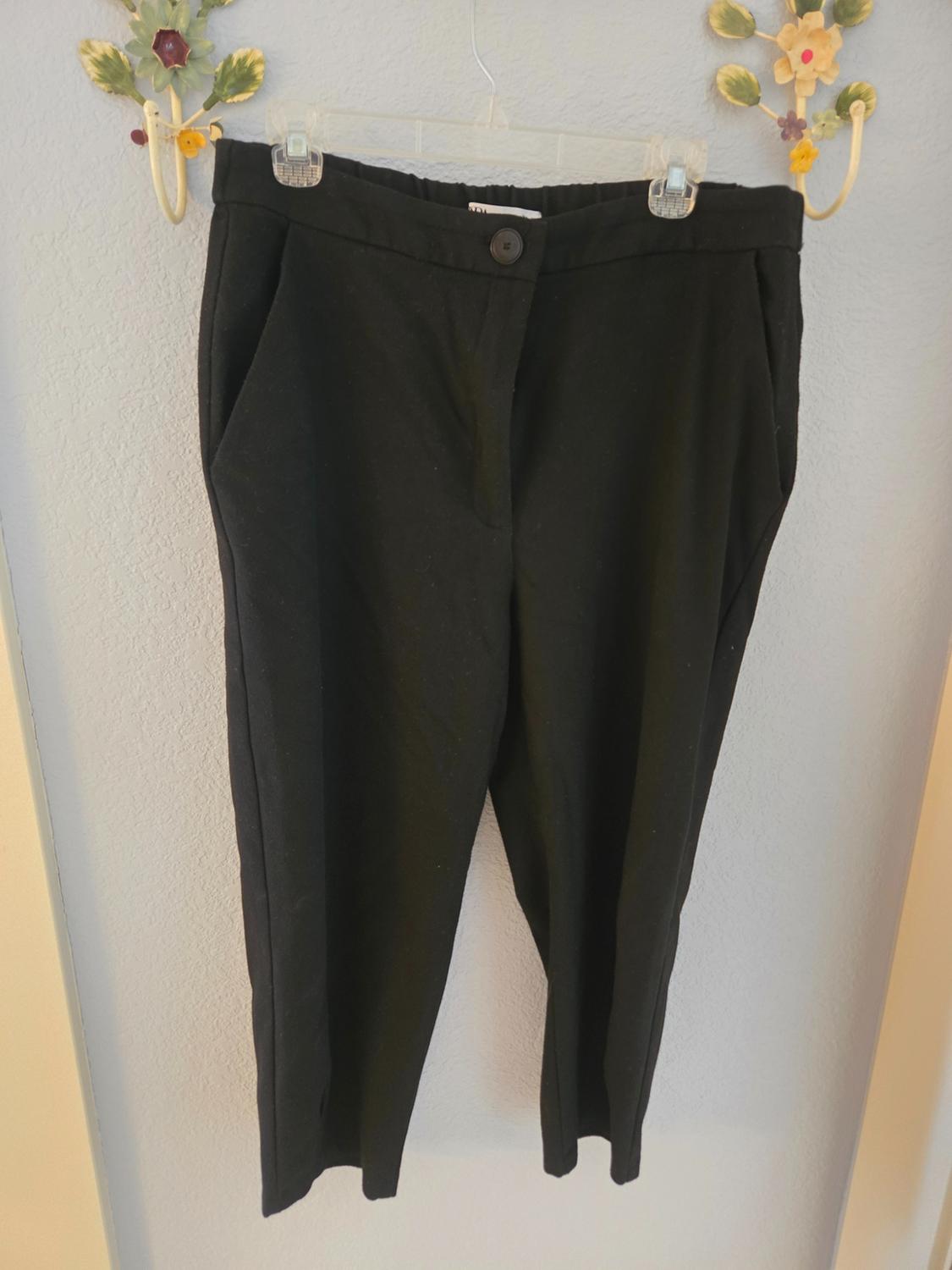 Black trousers hanging on a clear hanger, with floral details on the background wall.