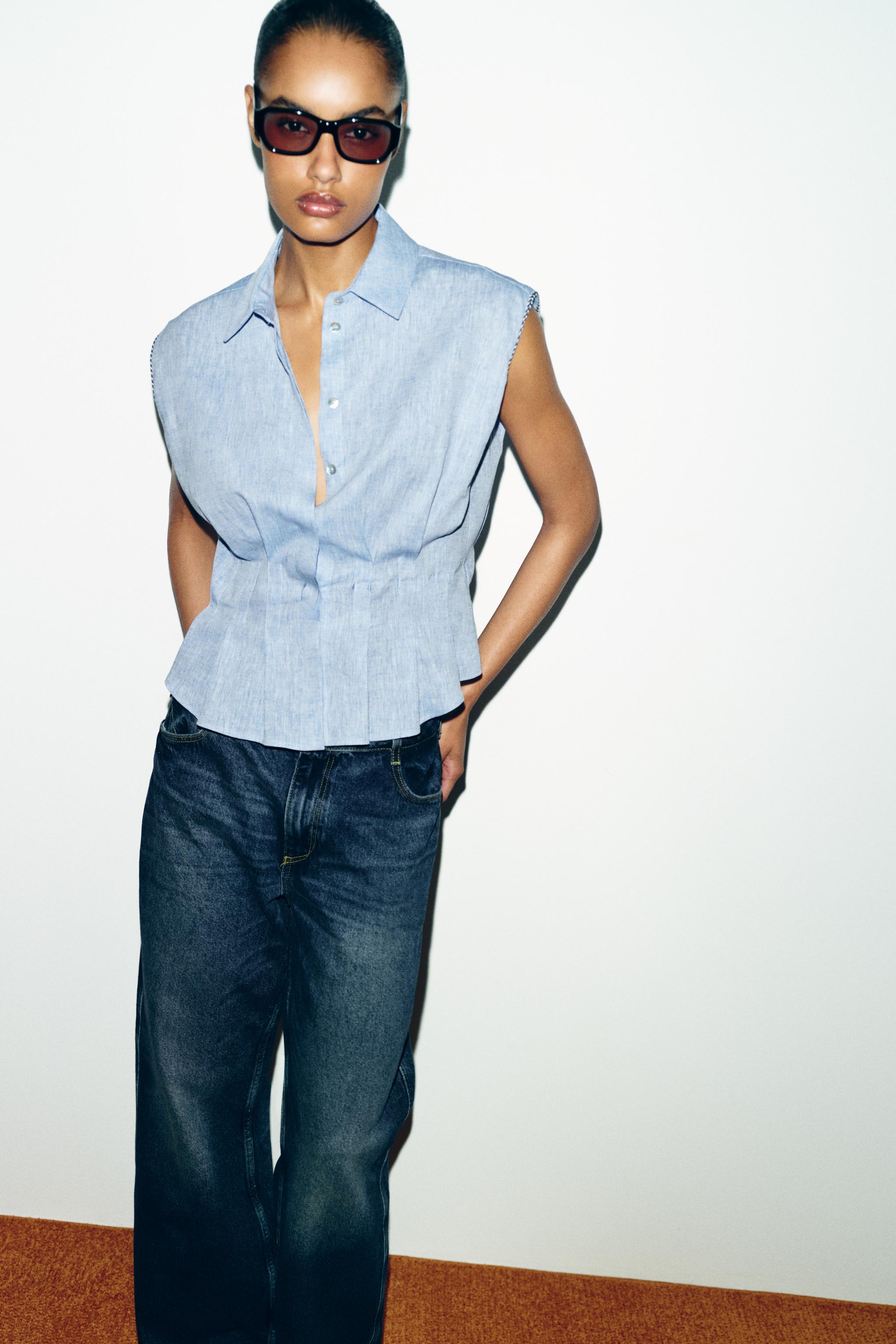 LINEN DARTED TOP — Blue
