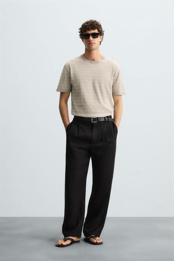 STRIPED COTTON LINEN BLEND KNIT T-SHIRT