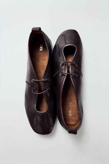 FLAT LACE-UP BALLET FLATS - Brown by Zara
