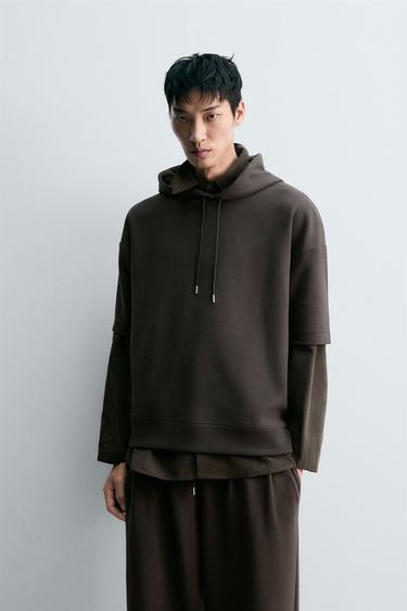 NEOPRENE-EFFECT LABEL HOODIE - Dark brown by Zara