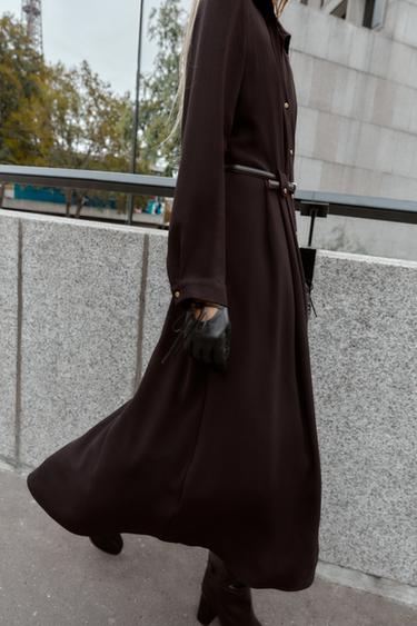 ROBE CHEMISE MI-LONGUE AVEC CEINTURE - Chocolat de Zara - Image 4
