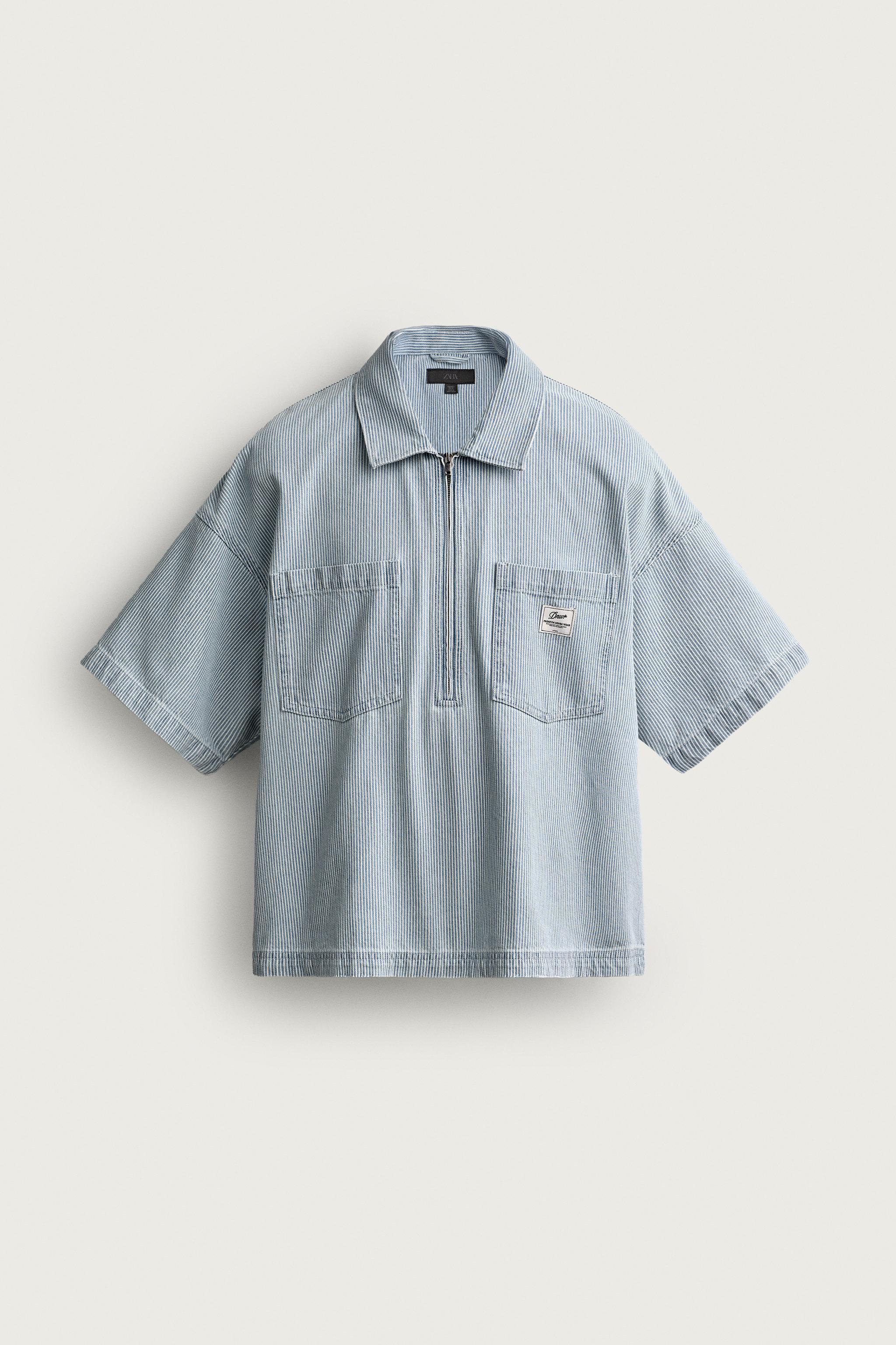 STRIPED ZIP-UP POLO SHIRT — Light blue