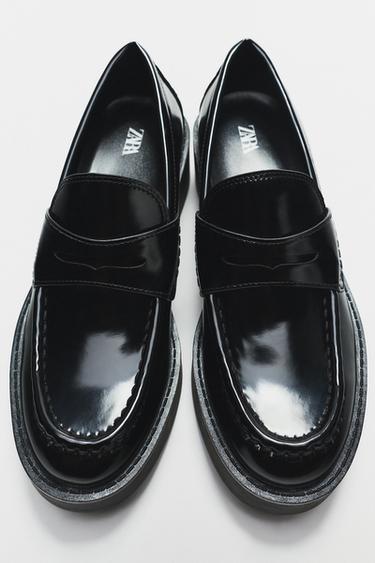 Zara FAUX PATENT LEATHER SADDLE LOAFER - Black
