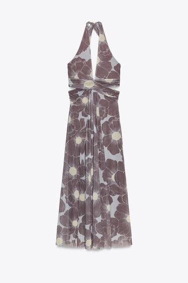 CUT-OUT PRINTED TULLE LONG DRESS - Taupe grey by Zara