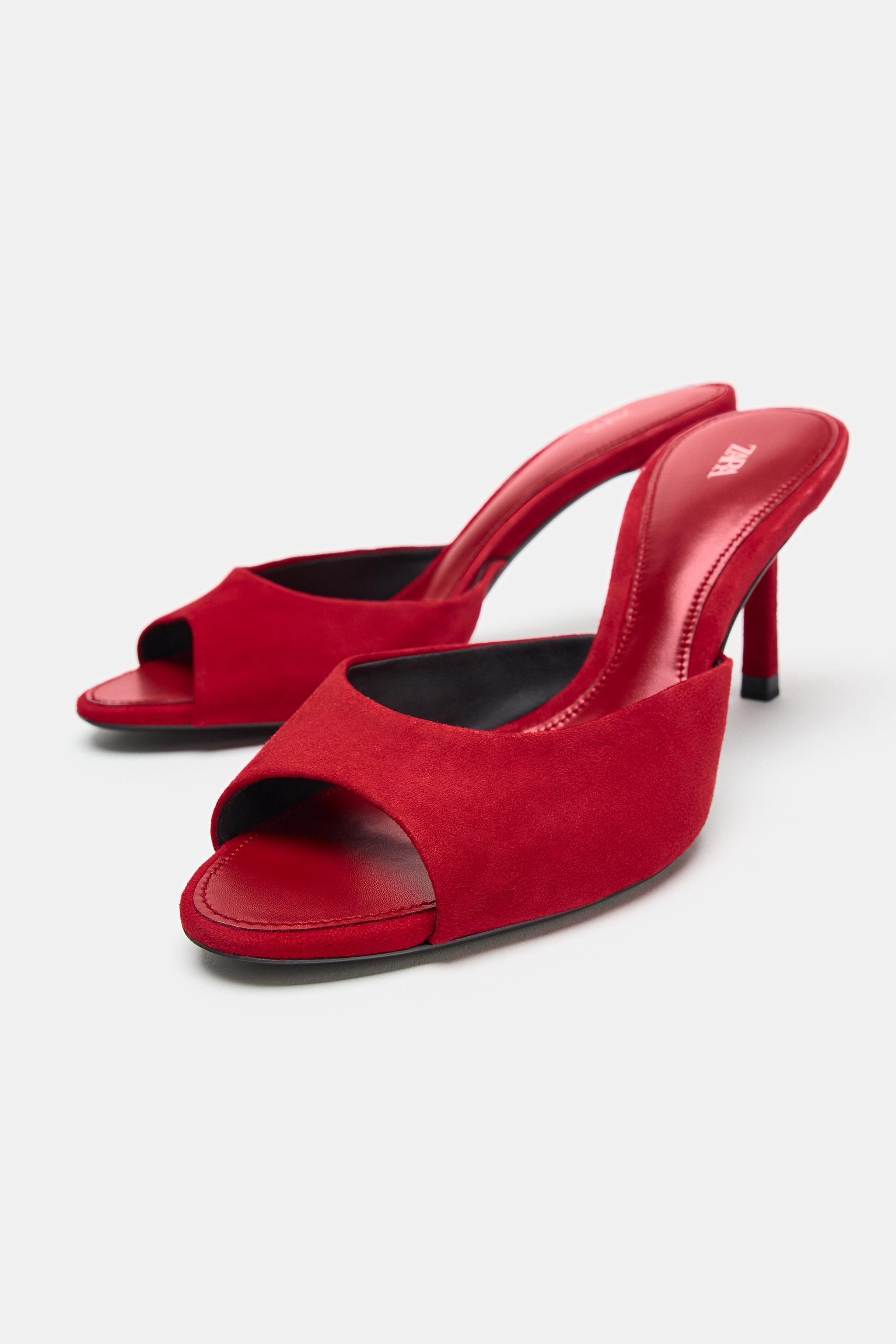 SUEDE HEELED MULES — Red