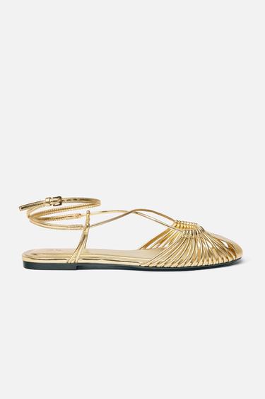 METALLIC-EFFECT STRAPPY CAGE SANDALS - Gold by Zara