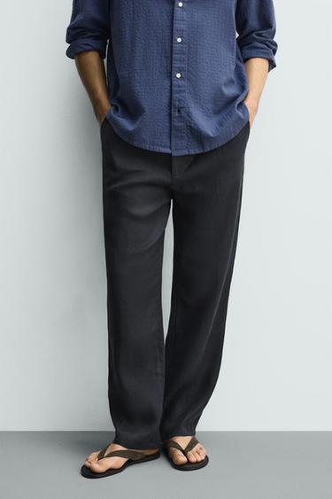 Zara 100% LINEN PLEATED PANTS - Navy blue