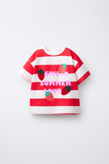 T-SHIRT ÀS RISCAS COM REMENDOS DE FRUTAS - Vermelho da Zara