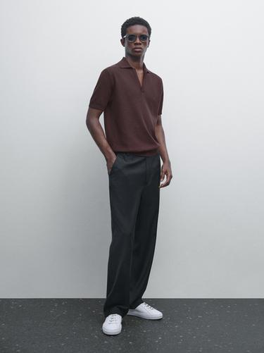 Zara Knit V-neck polo shirt - Burgundy - Image 0