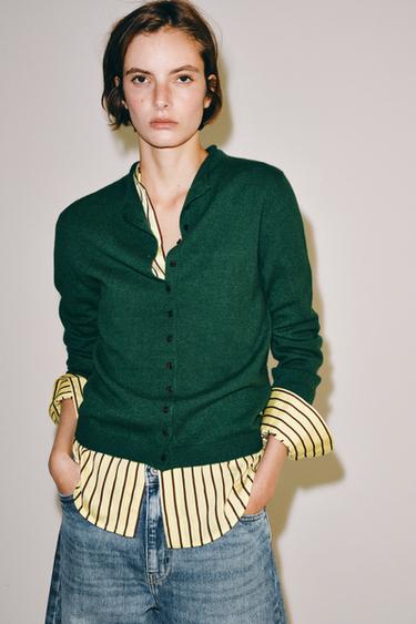 CHAQUETA 100% CASHMERE CUELLO PERKINS - Verde de Zara