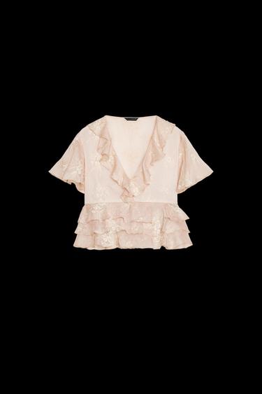 EMBROIDERED RUFFLED TOP - Beige-pink by Zara - Image 0
