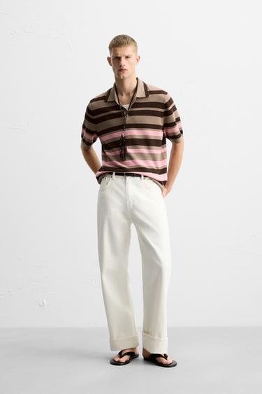 Zara JACQUARD STRIPED KNIT POLO SHIRT - Brown - Image 0