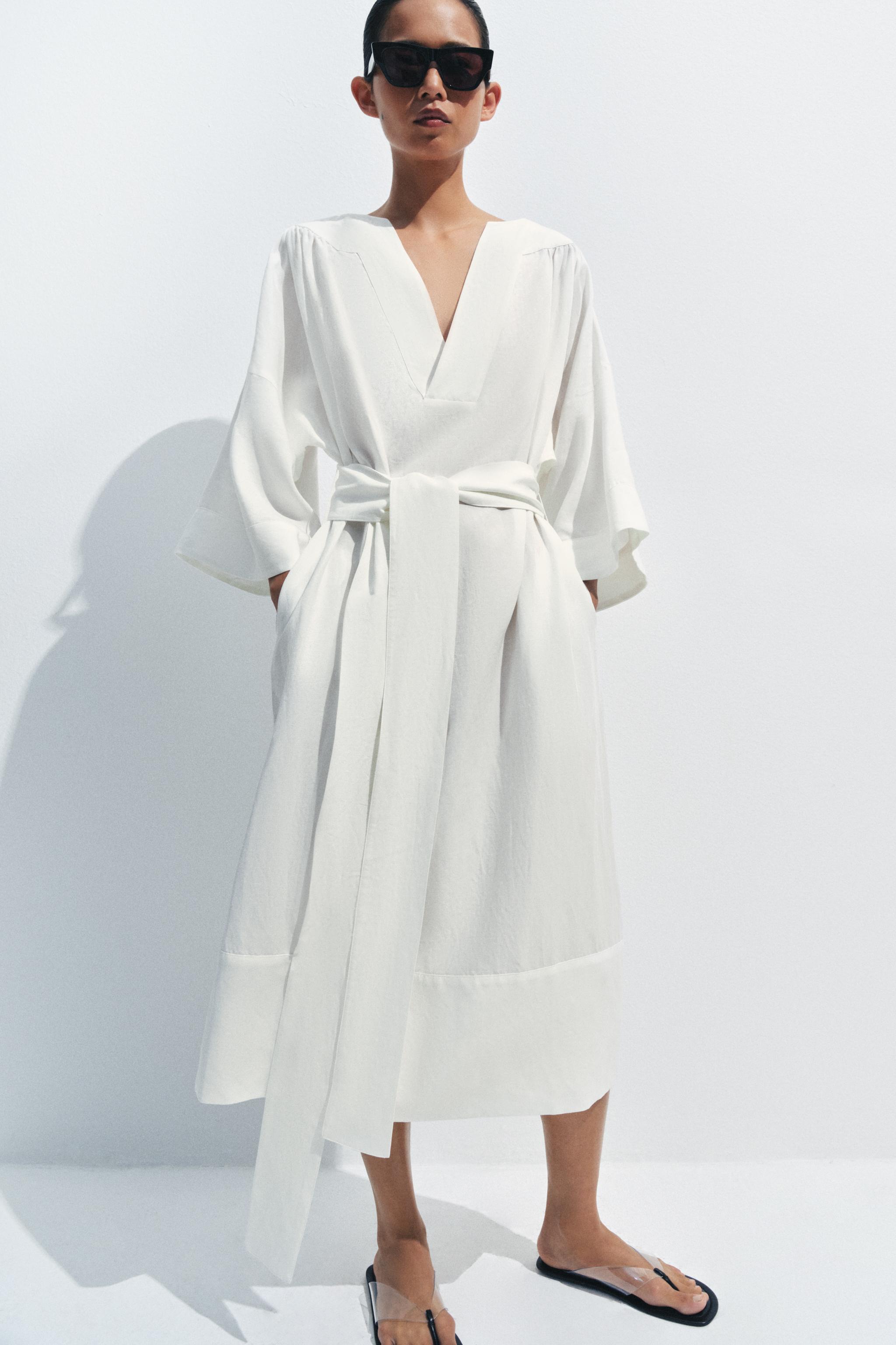 Zara - Belted Tunic Dress Zw Collection - White - L - Woman Zara - Belted Tunic Dress Zw Collection - White - L - Woman