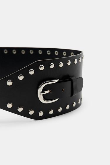 Zara STUDDED LEATHER WAIST BELT - Black