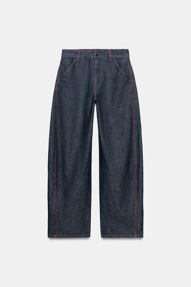 Zara LINEN BARREL PANTS WITH CONTRAST TOPSTITCHING - Indigo