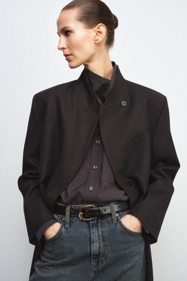 Zara 100% LEATHER BELT WITH SQUARE BUCKLE - Black