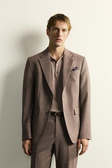 WOOL BLEND TEXTURED SUIT BLAZER - camel by Zara