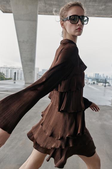 SHORT SATIN DRESS WITH RUFFLES - Brown by Zara - Image 3