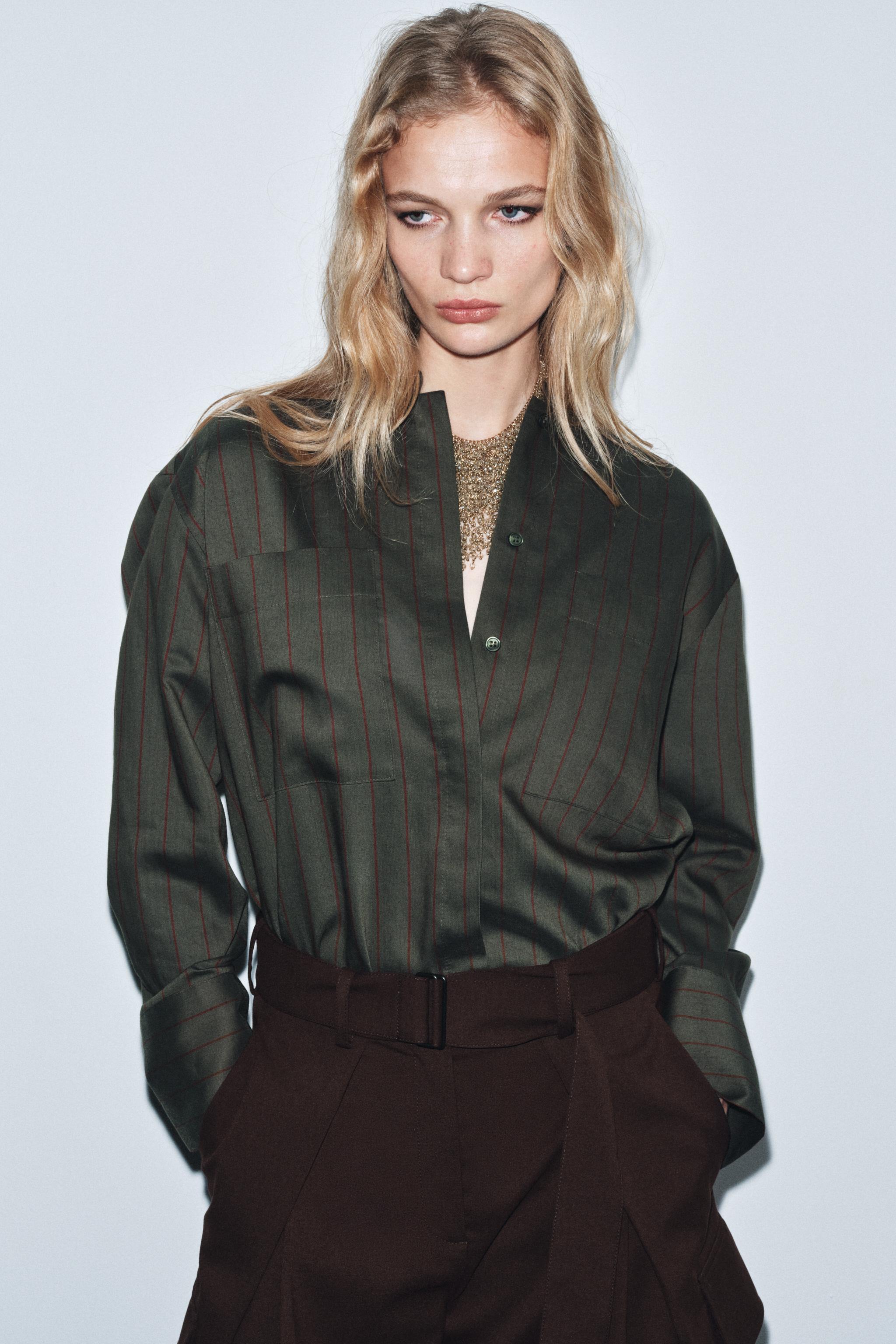 ZW COLLECTION STRIPED MANDARIN COLLAR SHIRT